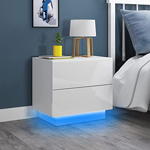 Dripex Nachttisch mit LED-Beleuchtung, Beistelltisch mit 2 Schubladen, Sofatisch, Nachtschrank für Schlafzimmer, Wohnzimmer, 55 x 37 x 50 cm, weiß Hochglanz von Dripex