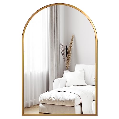 Dripex Rundbogen Wandspiegel 50x75cm mit Aluminiumrahmen,dekorativer HD Wandspiegel Schminkspiegel für Badzimmer/Ankleidezimmer/Wohnzimmer,unbrechbarer Spiegel (Gold) von Dripex