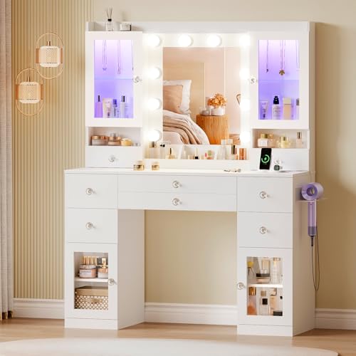 Dripex Schminktisch mit 10 LED-Lichtkugeln und Steckdosen, Schminktisch mit Spiegel und 2 luxuriösen transparenten Vitrinen mit RGB, Vanity Desk Dressing Table fürs Schlafzimmer, weiß von Dripex