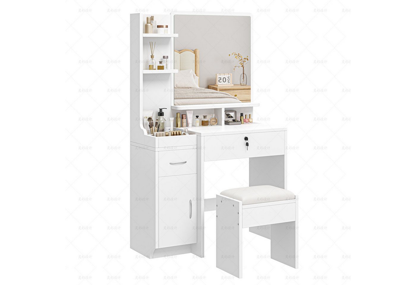 Dripex Schminktisch mit Spiegel, Hocker und Schubladen, Weiß, 87 x 38,3 x 141,5 cm, Mit seitlichem Stauraum Dripex Schminktisch mit Spiegel, Hocker und Schubladen, Weiß, 87 x 38,3 x 141,5 cm, Mit seitlichem Stauraum von Dripex