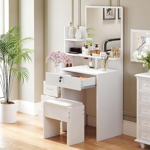 Dripex Schminktisch mit großem Spiegel, Hocker Frisiertisch Kosmetiktisch mit 4 Schubladen modern, weiß von Dripex