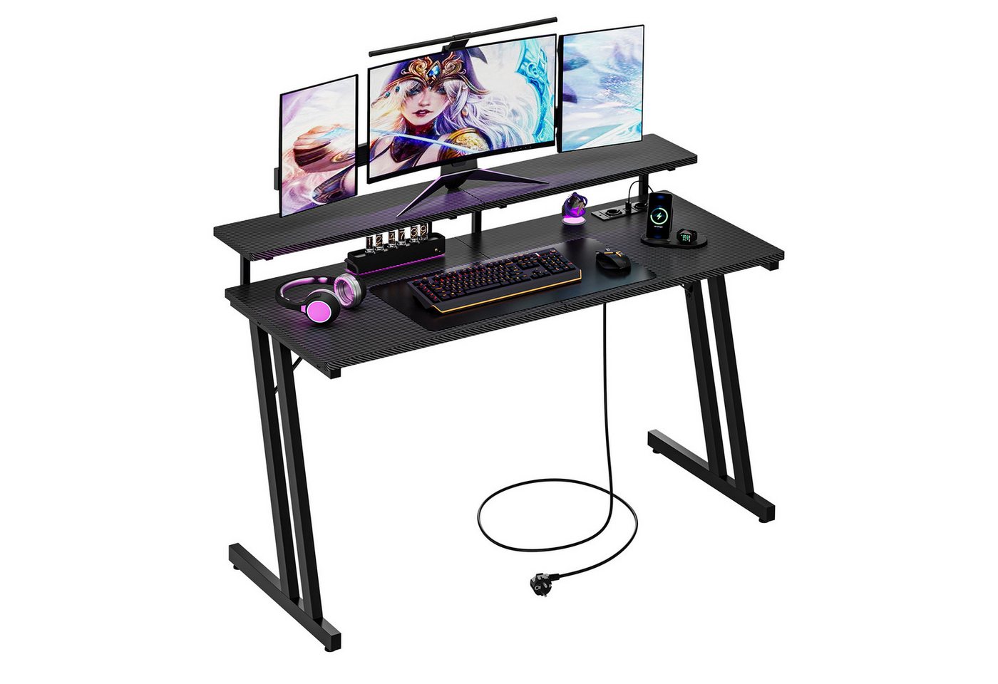 Dripex Schreibtisch Gaming Tisch Z-förmiger Schreibtisch mit Steckdosen 120x48 cm Schwarz, mit Steckdose und USB Ladeanschlüsse von Dripex