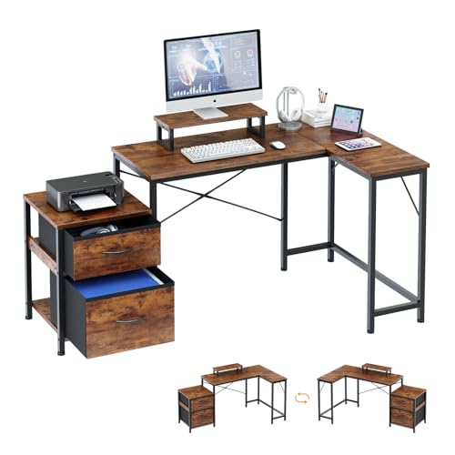 Dripex Schreibtisch L-Form mit Regal Stauraum Arbeitstisch Eckschreibtisch Bürotisch L-förmiger Computertisch mit Schublade und Monitorständer für Büro und Zuhause, Braun (139x80 cm) von Dripex
