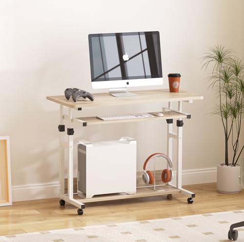 Dripex Schreibtisch höhenverstellbar, Computertisch mit Rollen, Schreibtisch klein auf Rollen, platzsparender Laptoptisch mit Tastaturauszug und Regal, PC Tisch klein für Home Office,Oak von Dripex