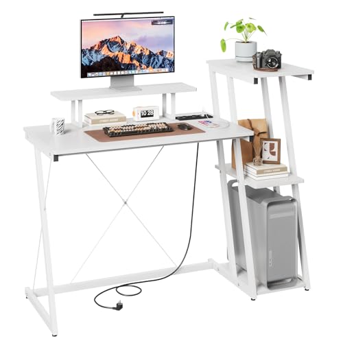 Dripex Schreibtisch mit Regal, Gaming Tisch, Computertisch mit Steckdose und USB, Eckschreibtisch mit umkehrbarem Regal, Bürotisch mit Monitorständer für Home Office, weiß 120cm von Dripex