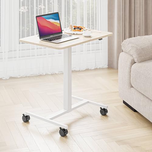 Dripex Computertisch mit Rollen höhenverstellbar, mobiler Stehpult, ergonomischer Stehschreibtisch, Überbett beistelltisch, Steh-Sitztisch für Büro Homeoffice, pneumatisch Schreibtisch, weiß Oak von Dripex