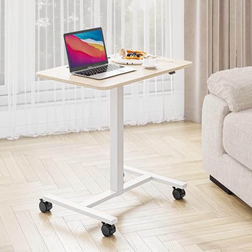 Dripex Computertisch mit Rollen höhenverstellbar, mobiler Stehpult, ergonomischer Stehschreibtisch, Überbett beistelltisch, Steh-Sitztisch für Büro Homeoffice, pneumatisch Schreibtisch, weiß Oak von Dripex