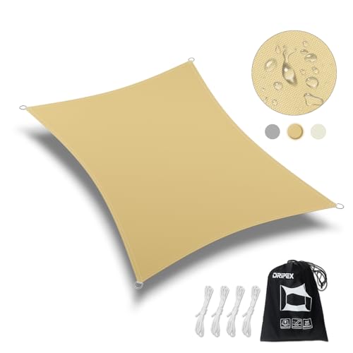 Dripex Sonnensegel wasserdicht Sonnenschutz Set 5X7 m inkl Befestigungsseile Rechteckig Polyester Imprägniert 95% UV Schutz Windschutz Wetterschutz für Balkon Garten Terrasse - Sand von Dripex