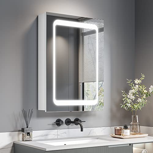 Dripex Spiegelschrank Bad mit Beleuchtung, Glasablage und Steckdose, Badezimmerschrank mit Spiegel, Sensor-Schalter, Beschlagfrei 60 x 80 cm Weiß von Dripex