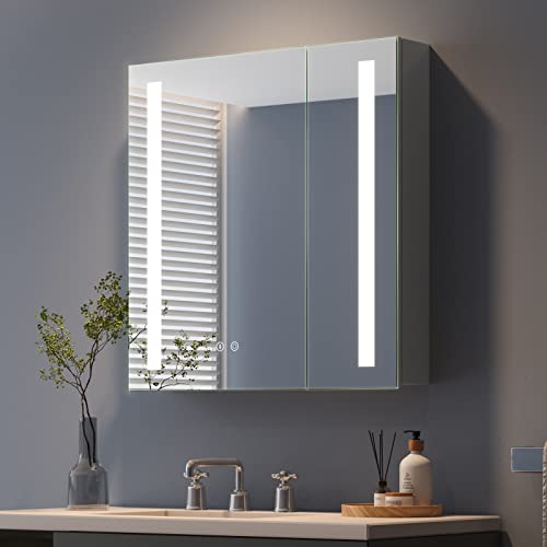 Dripex Spiegelschrank Bad mit Beleuchtung, Glasablage und Steckdose, Badezimmerschrank mit Spiegel 2-türig, 3 Lichtfarbe Einstellbar, Dimmbar, Beschlagfrei 63 x 65 cm Grau von Dripex