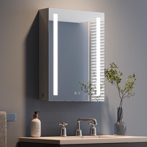 Dripex Spiegelschrank Bad mit Beleuchtung, Grau LED Badezimmerschrank mit Spiegel, 3 Lichtfarbe Einstellbar, Steckdose und Glasablage, Rechtstürig, Dimmbar, Beschlagfrei Verbesserte Version 50 x 70 cm von Dripex