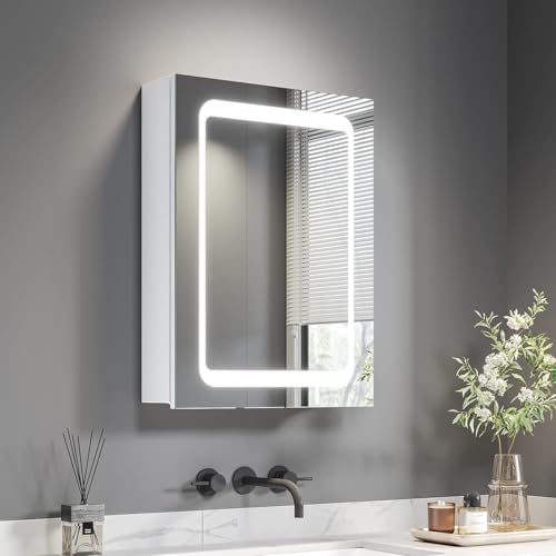 Dripex Spiegelschrank Bad mit Beleuchtung, Weiß Sensor-Schalter, Glasablage und Steckdose, Badezimmerschrank mit Spiegel, Rechtstürige Spiegelschrank, Beschlagfrei 45 x 60 cm Verbesserte Version von Dripex