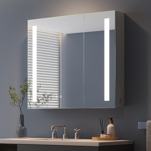 Dripex Spiegelschrank Bad mit Beleuchtung Grau, 66 x 76 cm Glasablage und Steckdose, Badezimmerschrank mit Spiegel 2-türig, Beschlagfrei, Dimmbar, 3 Lichtfarbe Einstellbar Verbesserte von Dripex