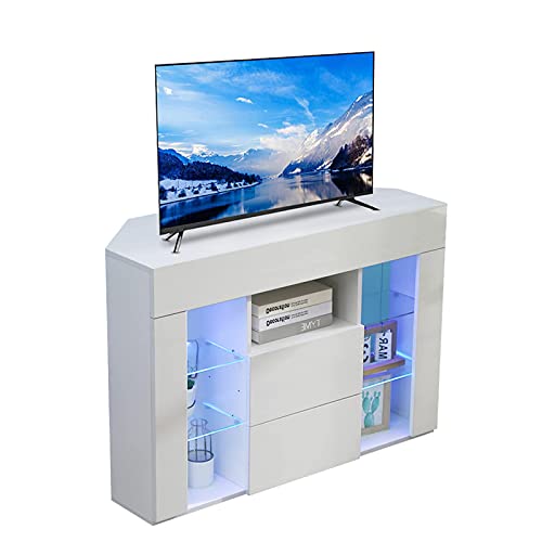 Dripex TV Lowboard Eckschrank mit LED Beleuchtung Weiß Hochglanz Fernsehschrank Eckkommode Fernsehtisch TV Schrank 100x68x40 cm (Weiß) von Dripex