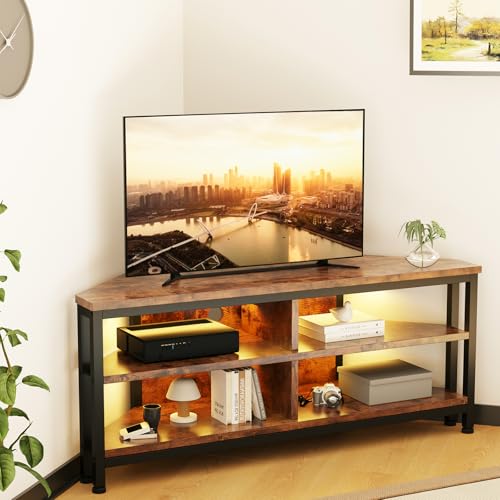 Dripex TV Eckschrank Lowboard mit LED Beleuchtung Eckkommode Fernsehtisch Holzoptik mit Metallgestell, Industrie-Design (106x36x45.5 cm) von Dripex