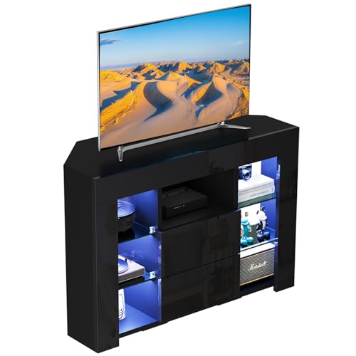 Dripex TV Lowboard Eckschrank Eckkommode mit RGB LED Beleuchtung Fernsehtisch Fernsehschrank 100x68x40 cm, Schwarz Hochglanz von Dripex