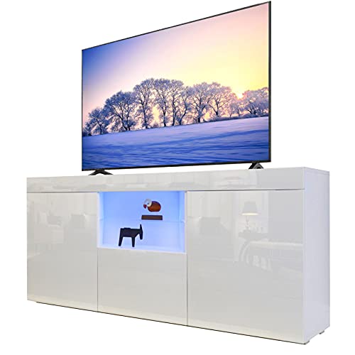 Dripex TV Schrank Lowboard mit LED Beleuchtung Weiß Hochglanz Fernsehtisch TV Board mit großem Stauraum 135x70x35 cm von Dripex