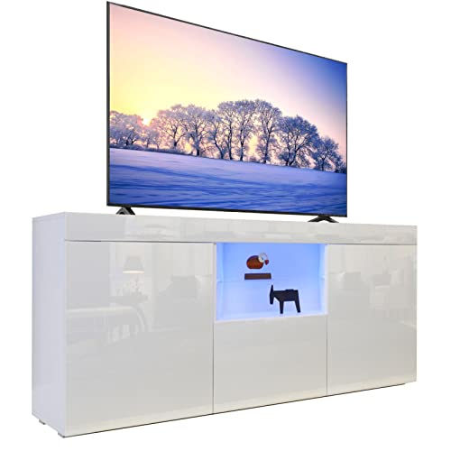 Dripex TV Schrank Lowboard mit LED Beleuchtung Weiß Hochglanz Fernsehtisch TV Board mit großem Stauraum 135x70x35 cm von Dripex