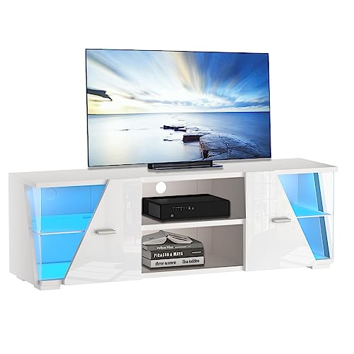 Dripex TV Lowboard Weiß Hochglanz mit LED Beleuchtung Schrank Fernsehtisch Board TV Vitrine, 130x40x35 cm von Dripex