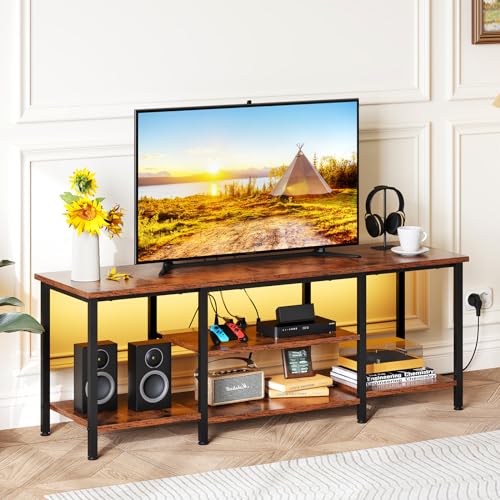 Dripex TV Schrank Lowboard mit LED Beleuchtung und Steckdosen 140 cm, für Fernseher bis zu 65 Zoll Fernsehtisch, 3 AC-Anschlüsse, 2 USB-Anschlüssen, Retrobraun von Dripex