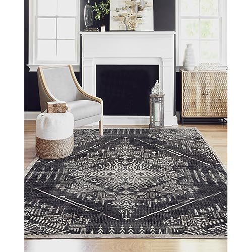 Dripex 140x200cm Waschbarer Teppich Wohnzimmer,Weich rutschfest Vintage Blumenteppich Kurzflor, Faltbar Orientalischer Flurteppich für Büro, Schlafzimmer(Charcoal) von Dripex