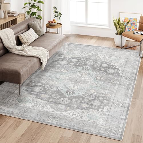 Dripex 160x230cm Waschbarer Teppich Wohnzimmer,Weich rutschfest Vintage Blumenteppich Kurzflor, Faltbar Orientalischer Flurteppich für Büro, Schlafzimmer (VERONAGRAU) von Dripex