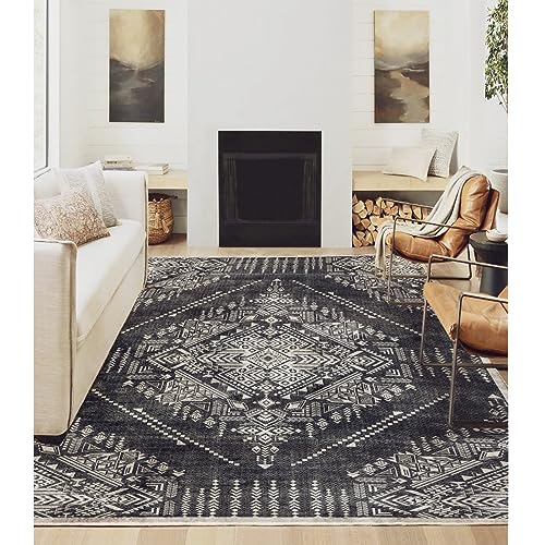 Dripex 230x340cm Waschbarer Teppich Wohnzimmer,Weich rutschfest Vintage Blumenteppich Kurzflor, Faltbar Orientalischer Flurteppich für Büro, Schlafzimmer(Charcoal) von Dripex