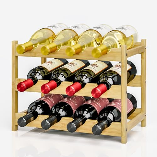 Dripex Weinregal Flaschenregal aus Holz, klein Weinflaschenregal, Weinflaschenhalter 12 Flaschen, schmaler Weinständer stehend, Getränkeregal Flaschen für Keller Küche, 3 Ebenen von Dripex