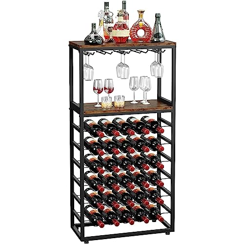 Dripex Weinregal für 30 Flaschen, Freistehender Flaschenregal mit Glashalter und Tischplatte, Metall Ausstellungsregale Vintage für Küche Bar Keller Esszimmer 59 x 30 x 141 cm, Vintagebraun-schwarz von Dripex