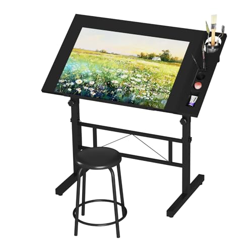 Dripex Zeichentisch 0-60° Neigbar Architektentisch Verstellbarer Tischplatte Höhenverstellbar Arbeitstisch Zeichnung Computertisch mit Hocker für Office und Home Schwarz von Dripex