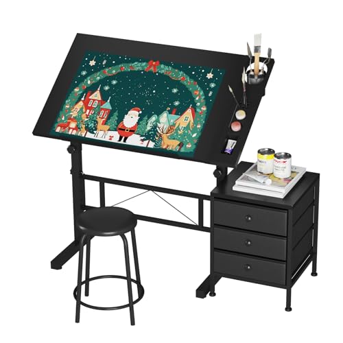 Dripex Zeichentisch 0-60° Neigbar Architektentisch Verstellbarer Tischplatte Höhenverstellbar Arbeitstisch Zeichnung Computertisch mit Hocker und Schließfächern für Office und Home Schwarz von Dripex