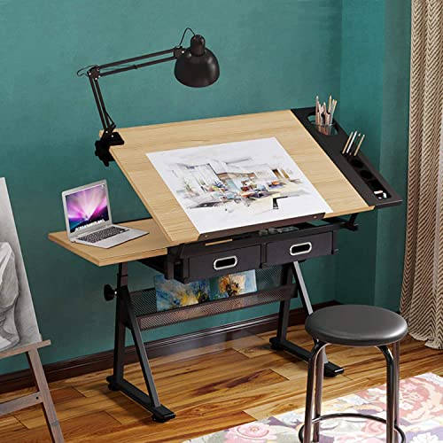 Dripex Zeichentisch höhenverstellbarer Schreibtisch mit kippbarer Tischplatte für Architekten und Künstler, neigbar Architektentisch mit Hocker und 2 Schubladen für Büro Arbeitszimmer (Holz) von Dripex