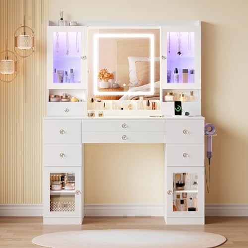 Dripex großer Schminktisch mit Beleuchtung und Steckdosen, Schminktisch mit Spiegel und 2 luxuriösen transparenten Vitrinen mit RGB, Vanity Desk Dressing Table fürs Schlafzimmer, weiß von Dripex