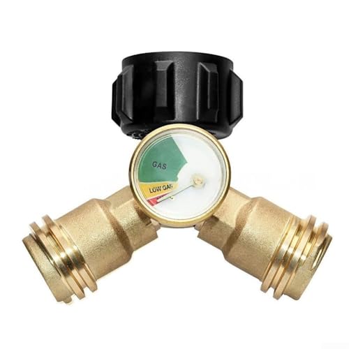 Drivstraw 2-Wege-Propan-Y-Verteiler mit Manometer und Absperrventil für 2,3–9,1 kg Tank, genaue Gasstandüberwachung, rostfreier Messingadapter für Grillheizung, Campingkocher, Outdoor-Kochen von Drivstraw