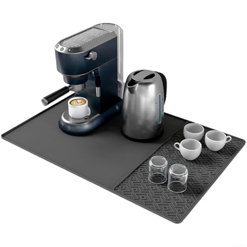 Drivstraw Große Silikonmatte unter Kaffeemaschinen – mit abnehmbarem Trockenteil – rutschfeste Kaffee-Bar-Matte für Arbeitsplatte Geschirr-Trockenmatte (Grau A) von Drivstraw