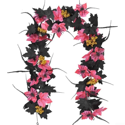 Drivstraw Halloween Blumengirlande mit Spinnen 170 cm schwarze Blätter rosa Blumen Ranke Dekoration realistische Seide für Haus Garten Party Kaminsims Tür Wand (Weinrebe 01) von Drivstraw
