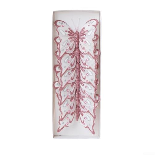 Drivstraw Set mit 6 glitzernden Weihnachts-Schmetterlings-Ornamenten, künstliche Feder-Schmetterlings-Blumen, für Weihnachtsbaum, Kranz, Girlande, Kaminsims, Urlaubsdekoration (Rosa) von Drivstraw