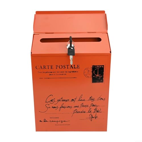 Drivstraw Vintage-Briefkasten mit Wandhalterung, abschließbares Design, rustikaler Retro-Briefkasten aus Eisen, wasserdichter Außenbrief- und Zeitungsschlitz für Hauseingang oder Garten (Orange) von Drivstraw