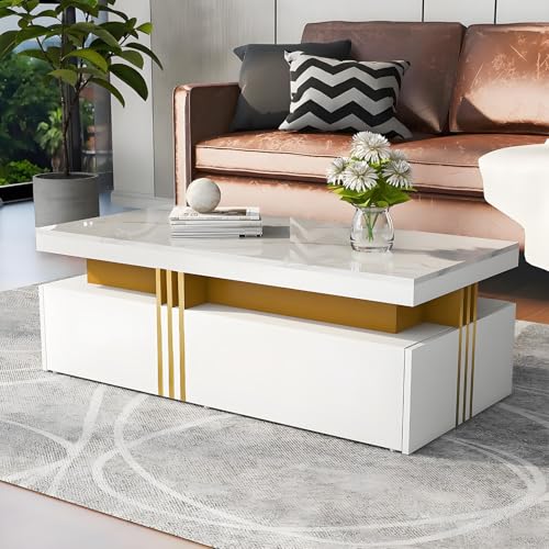 Couchtisch Mit Schubladen, Eleganter Zentraler Tisch Für Wohnzimmer Im Zeitgenössischen Design,Moderner Rechteckiger Couchtisch Mit Hochglanzplatte,Für Wohnzimmer,White Couchtisch Mit Schubladen, Eleganter Zentraler Tisch Für Wohnzimmer Im Zeitgenössischen Design,Moderner Rechteckiger Couchtisch Mit Hochglanzplatte,Für Wohnzimmer,White von Drmoxin