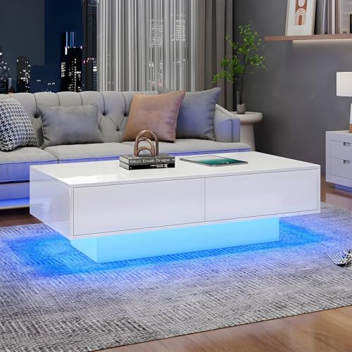 Drmoxin Couchtisch mit Stauraum, Weiß glänzender mit LED-Leuchten für Wohnzimmer, rechteckiger Mitteltisch mit 2 Schubladen, Heimbüromöbel von Drmoxin