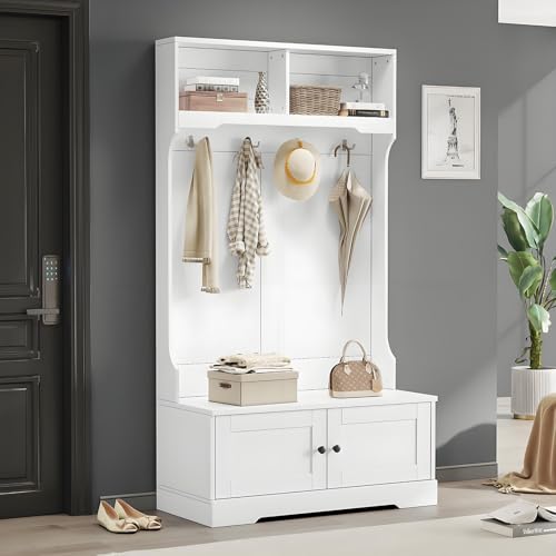 Drmoxin Eingangsschrank Wandgarderobe Garderoben-Set mit Bank,101.5 * 183 cm – Flurgarderobe mit 4 Haken, Schuhregal & Stauraum -Türen für Flur & Eingangsbereich Weiß von Drmoxin