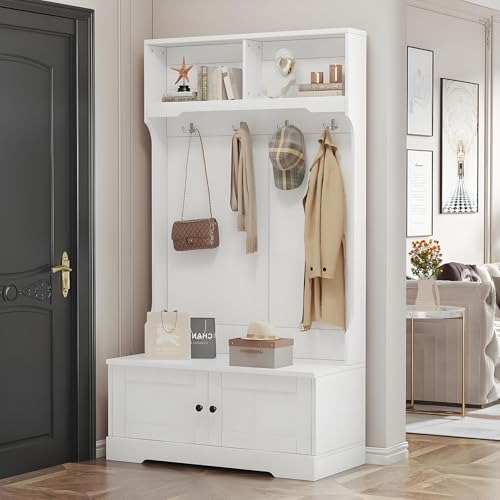 Drmoxin Flurgarderobe, Garderobenschrank Flur, Garderobe mit Sitzbank, Weißer Eingangsschrank mit Stauraum an der Unterseite des Sitzes, 101.5 x 183 x 47 cm (B/H/T), Weiß von Drmoxin