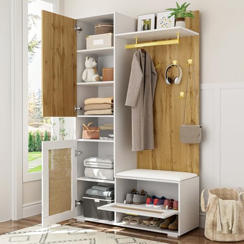Drmoxin Flurgarderobe, Garderobenschrank Flur, Garderobe mit Sitzbank, Weißer Eingangsschrank mit Stauraum an der Unterseite des Sitzes, 110 x 38 x 190cm von Drmoxin