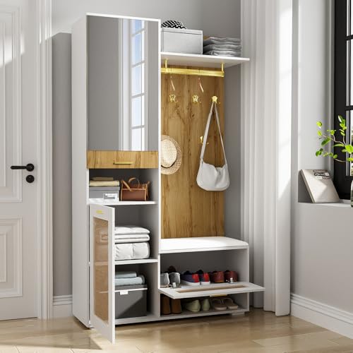 Drmoxin Garderoben-Set, Kleiderschrank-Set mit Spiegel, 5 goldenen Kleiderhaken, Schuhschrank, Wandgarderobe, oberem Stauraumfach, Sitzbank und 16-Farbiger LED-Beleuchtung von Drmoxin