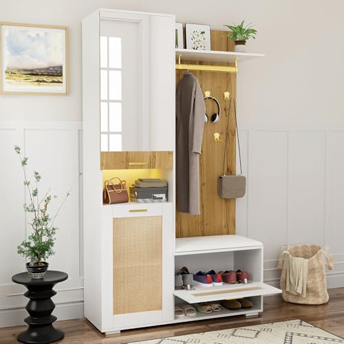 Drmoxin Garderobenset Wandgarderobe, Flurgarderobe Set mit Schuhbank, Spiegel und Kissen, Garderoben Set mit 5 Kleiderhaken und Türen, Kompaktgarderobe, Wandgarderobe, 110 x 38 x 190cm Drmoxin Garderobenset Wandgarderobe, Flurgarderobe Set mit Schuhbank, Spiegel und Kissen, Garderoben Set mit 5 Kleiderhaken und Türen, Kompaktgarderobe, Wandgarderobe, 110 x 38 x 190cm von Drmoxin