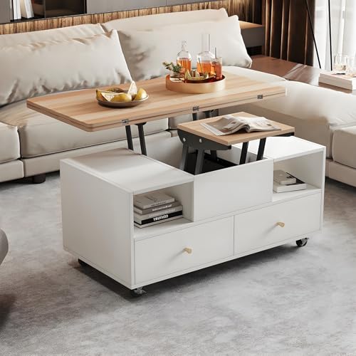 Drmoxin Hebbarer Multifunktions-Couchtisch,EIN großer und EIN Kleiner Hydraulik-Hubtisch,mit natürlicher Walnussholzplatte, große Kapazität, Büro-Esstisch Freizeittisch Multifunktionstisch von Drmoxin