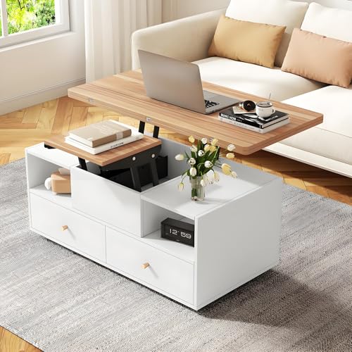 Drmoxin Höhenverstellbarer Couchtisch mit Klappfunktion und 4 Schubladen, 100 x 50 x 47,5 cm, EIN großer und EIN Kleiner Hydraulik-Hubtisch, beweglicher Wohnzimmertisch mit Universalrollen, Sofatisch von Drmoxin