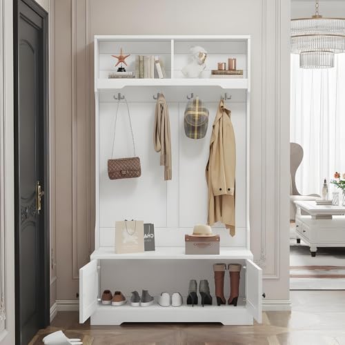 Drmoxin Weißer Eingangsschrank mit Sitzbank und Stauraum, 4 Haken zum Aufhängen, 2 offene Fächer für Aufbewahrung, Kleiderständer, Garderobe, Schuhschrank – 101.5x183 cm Drmoxin Weißer Eingangsschrank mit Sitzbank und Stauraum, 4 Haken zum Aufhängen, 2 offene Fächer für Aufbewahrung, Kleiderständer, Garderobe, Schuhschrank – 101.5x183 cm von Drmoxin