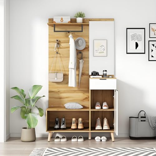 Garderobenset mit Spiege,Garderobenset Flur mit Kleiderstange, Schuhschrank und Fächer, Kompaktgarderobe, Garderobe Weiss,Schrank und Schuhschrank geeignet als Flurgarderobe von Drmoxin