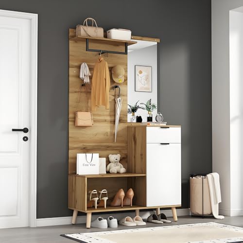 Garderobenset mit Spiege,Garderobenset Flur mit Kleiderstange, Schuhschrank und Fächer, Kompaktgarderobe, Garderobe Weiss,Schrank und Schuhschrank geeignet als Flurgarderobe von Drmoxin